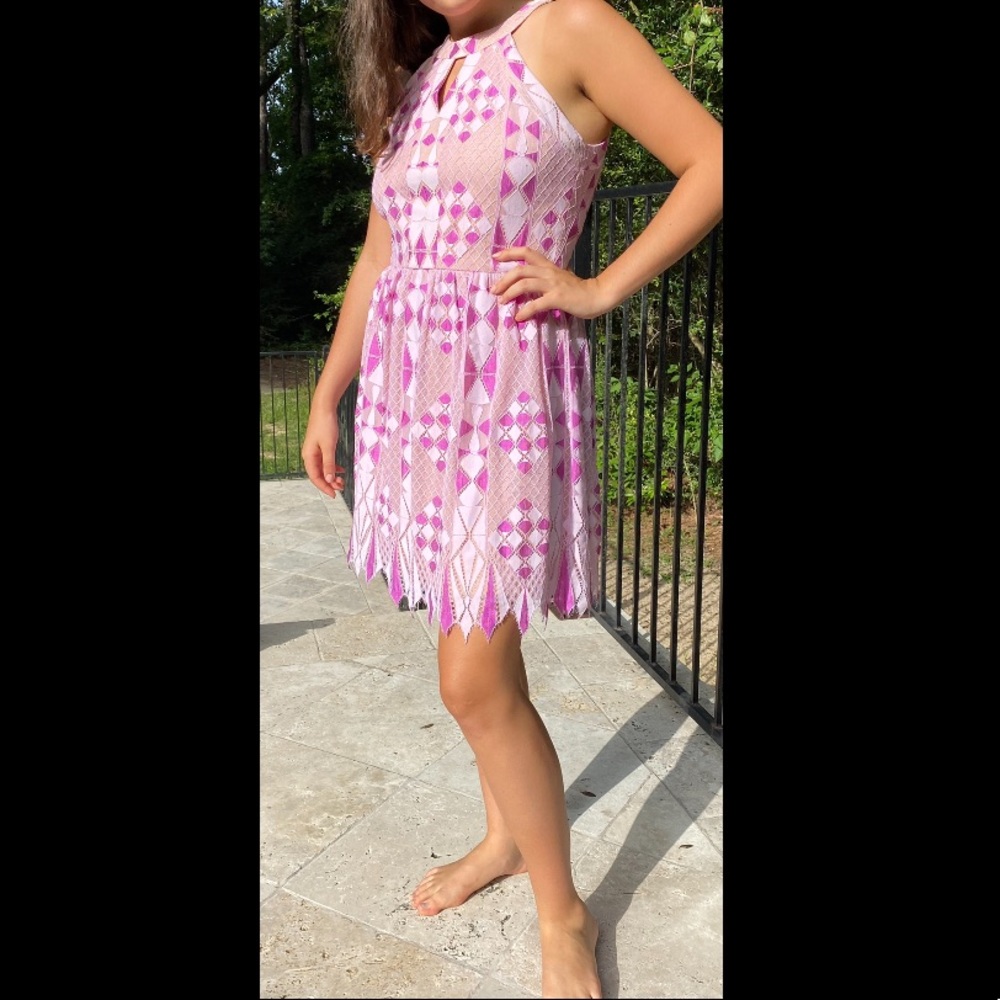 Purple geometric lace mini dress